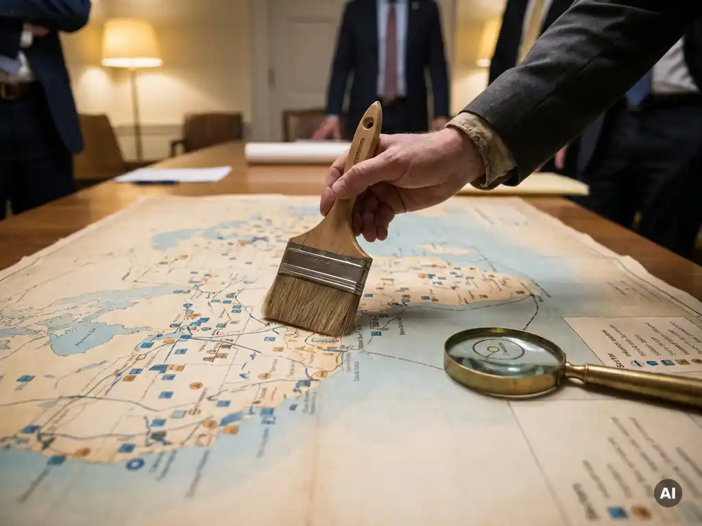 Beleidsmaker legt brede penseel op gedetailleerde industriekaart, met vergrootglas op specifieke locatie, warme kantoorverlichting.