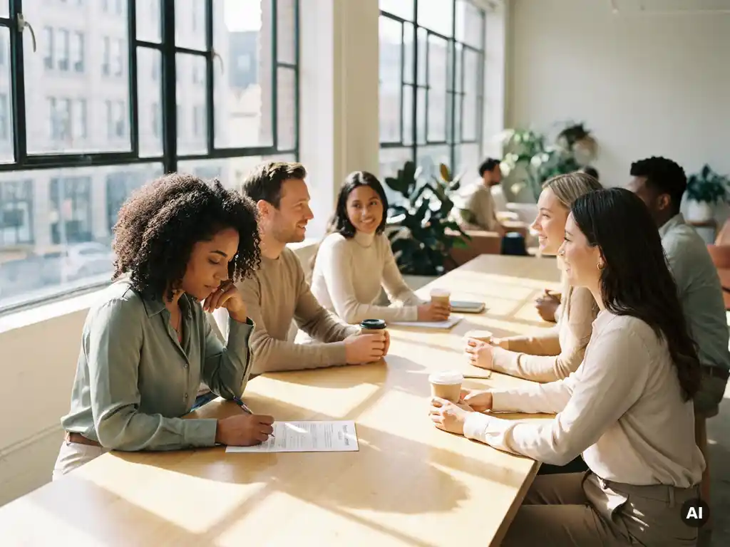 Collega's rond een tafel in een licht modern kantoor, één persoon vult een feedbackformulier in terwijl anderen rustig gesprekken voeren.