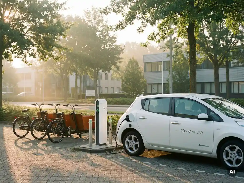 Witte elektrische leaseauto aan laadpaal naast geparkeerde cargofietsen in zonnig bedrijvenpark bij ochtendlicht.