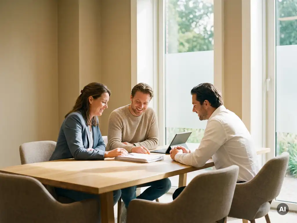 Gemeentelijk adviseur en recruiter begeleiden werkzoekende bij documentbeoordeling in licht Nederlandstalig gemeentekantoor.