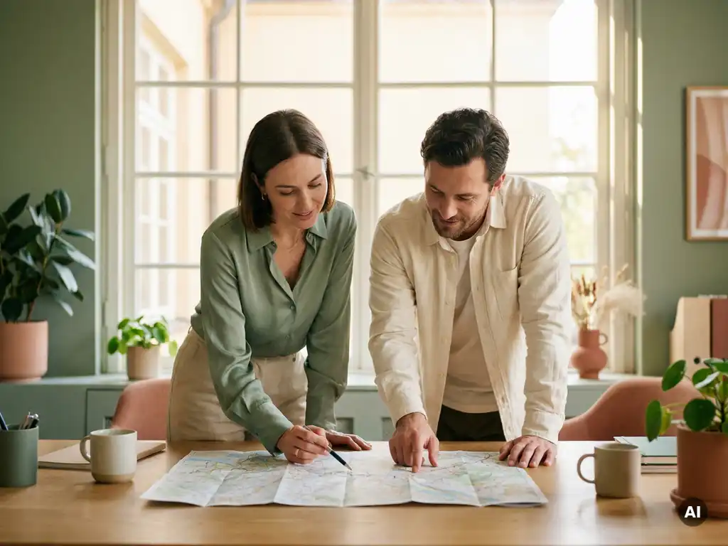 Huisvestingscoördinator en internationale medewerker bestuderen samen een buurtkaart aan een licht kantoorbureau, wijzend naar woongebieden.