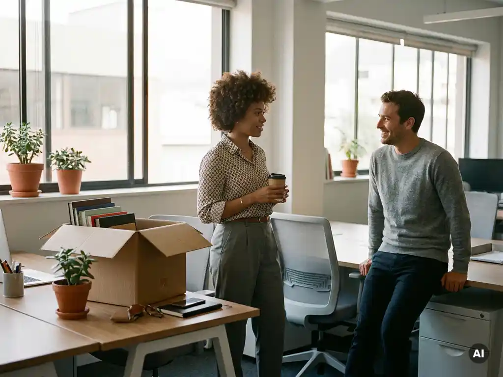 Internationale medewerker in gesprek met collega bij gedeeltelijk ingepakt bureau, warm kantoor met natuurlijk licht.