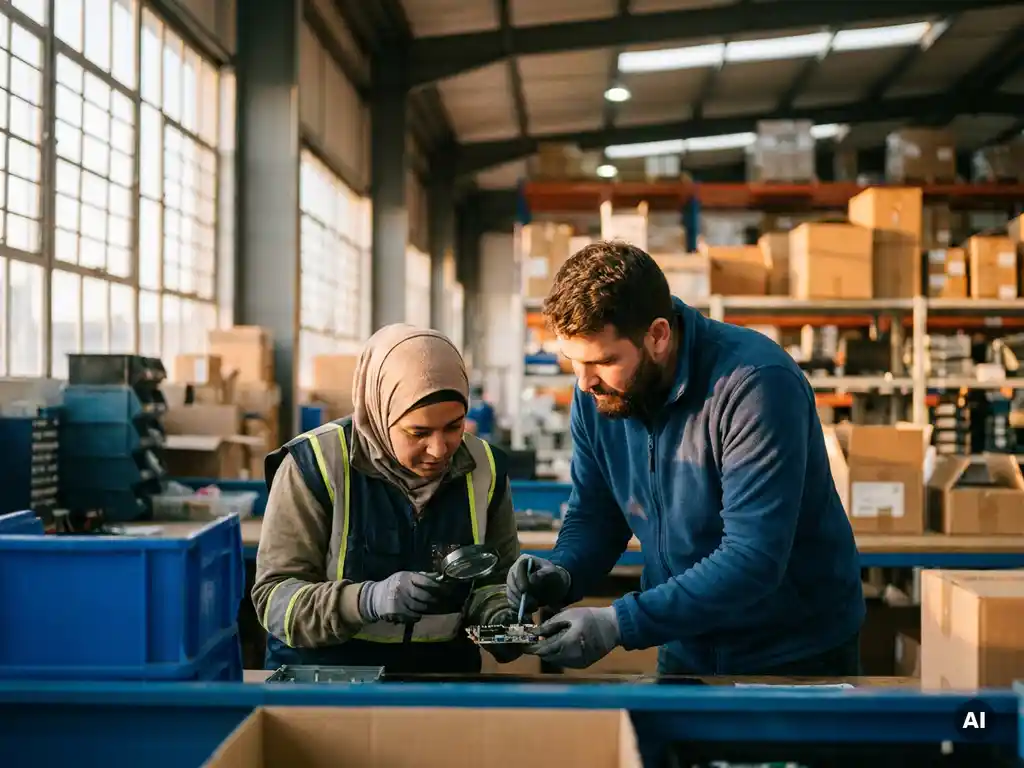 Internationale medewerker en lokale collega werken samen in een moderne logistieke omgeving met warm industrieel licht.