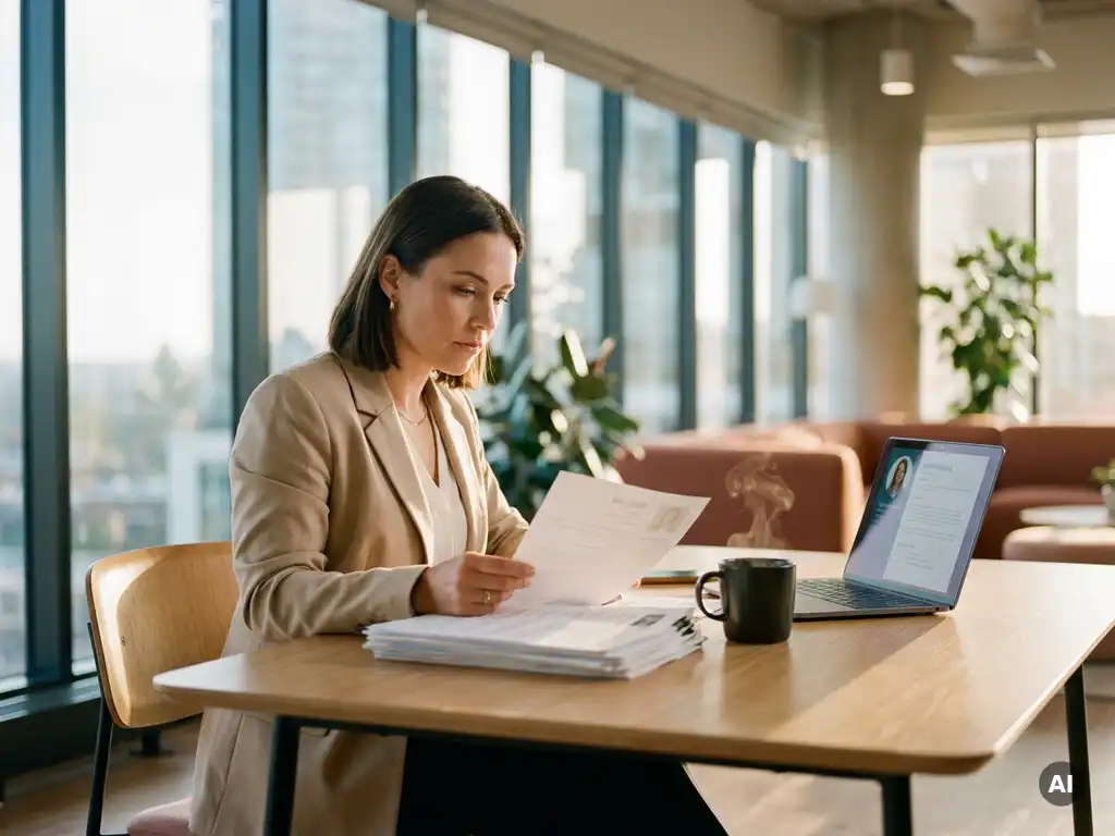 Recruiter beoordeelt stapel cv's aan modern bureau met laptop en koffie, warm kantoorlicht door grote ramen.