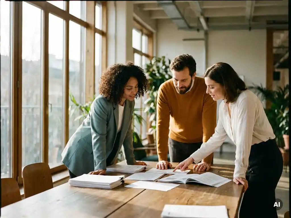 Drie diverse professionals bekijken samen documenten aan een vergadertafel in een lichte, moderne vergaderruimte.