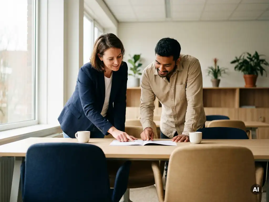HR-manager en internationale werknemer bespreken arbeidscontract aan modern kantoorbureau in Belgisch-Nederlandse werkomgeving.