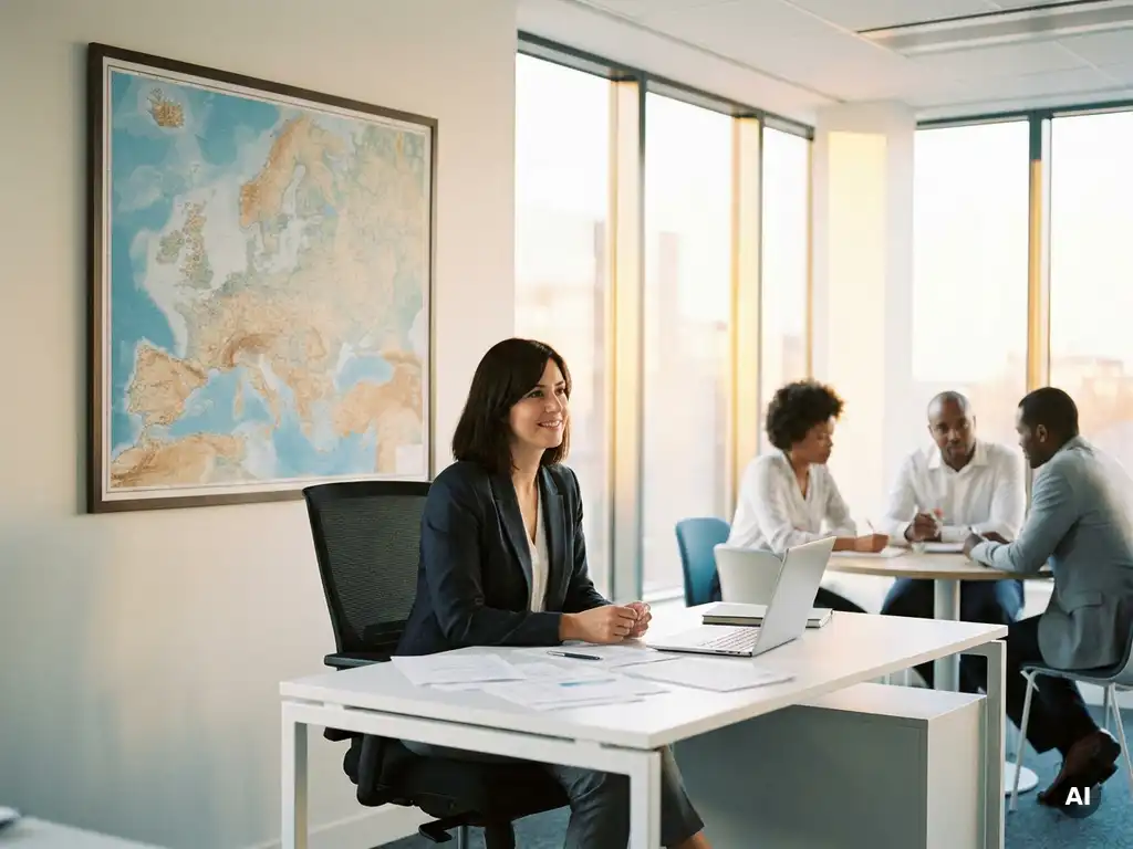 Professionele vrouw bestudeert documenten aan modern bureau met Europese kaart aan de muur en diverse collega's op de achtergrond.