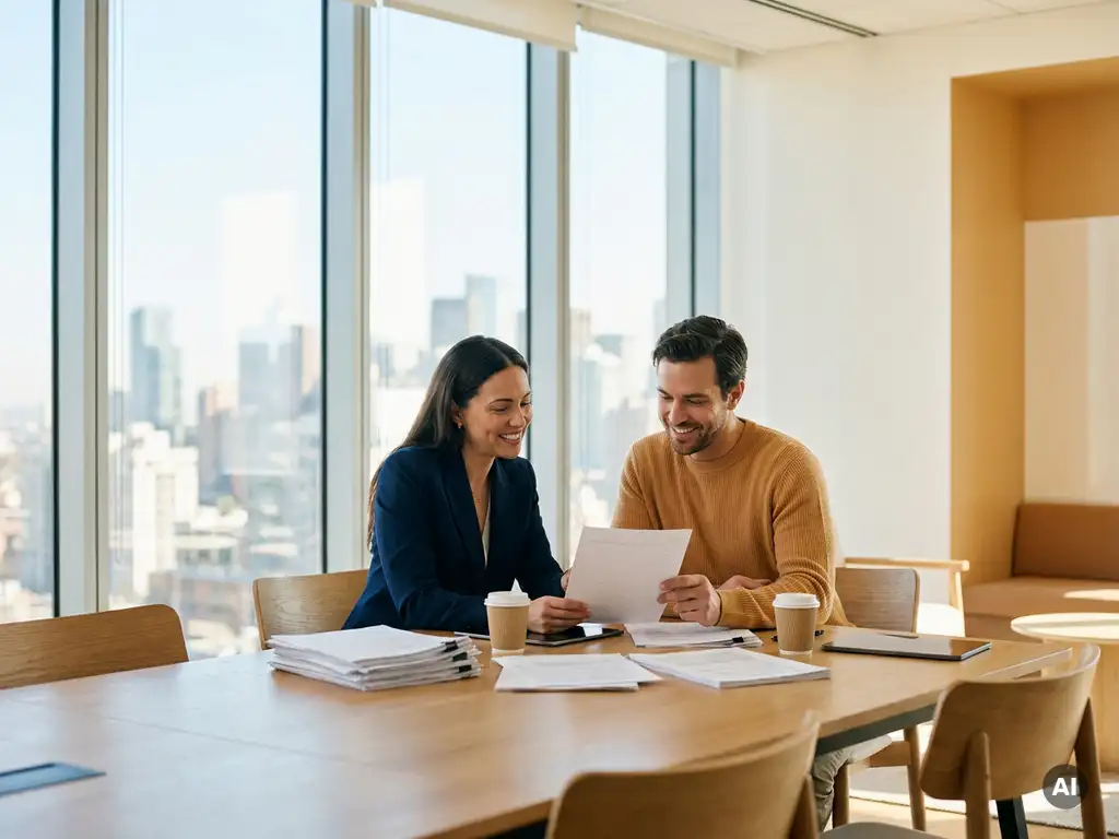 Gemeentelijke beleidsmedewerker en uitzendbureau-professional bespreken documenten aan moderne vergadertafel met stadsgezicht op achtergrond.