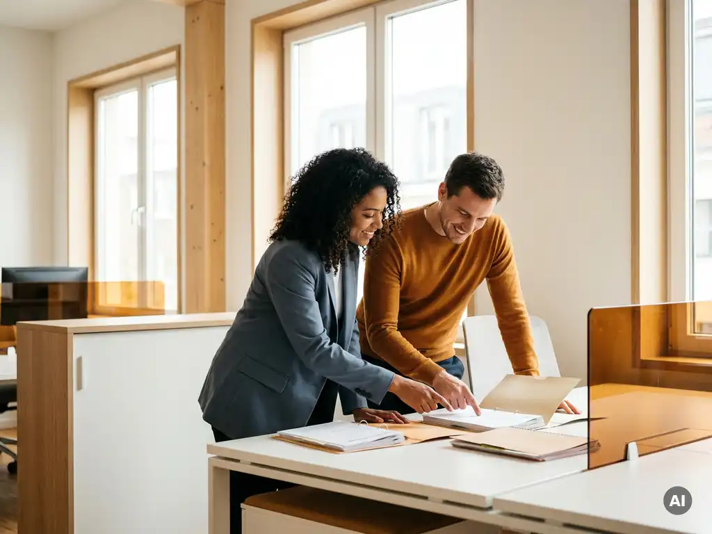 HR-manager en internationale recruitmentconsultant bespreken documenten samen aan modern kantoorbureau in warm daglicht.