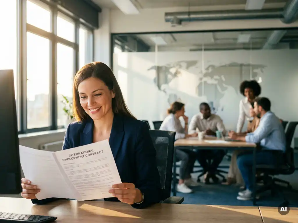 HR-professional bekijkt internationaal arbeidscontract in modern kantoor met wereldkaart op matglazen wand en diverse collega's op achtergrond.