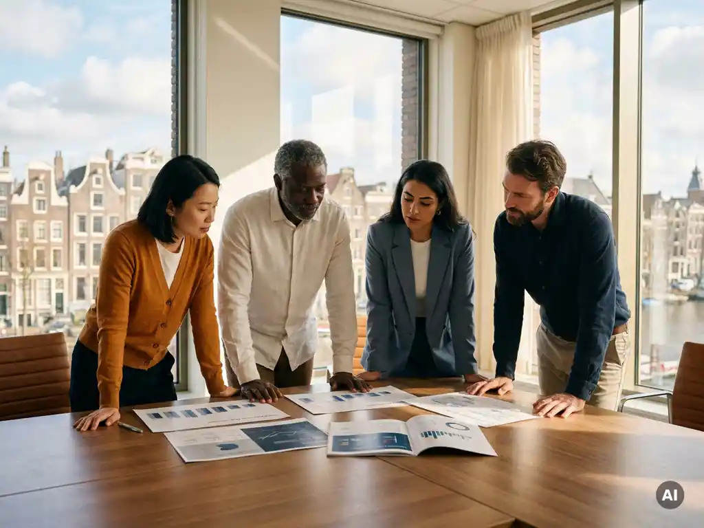 Diverse internationale medewerkers overleggen aan vergadertafel met arbeidsmarktrapportages, kantoor met uitzicht op Nederlandse skyline.