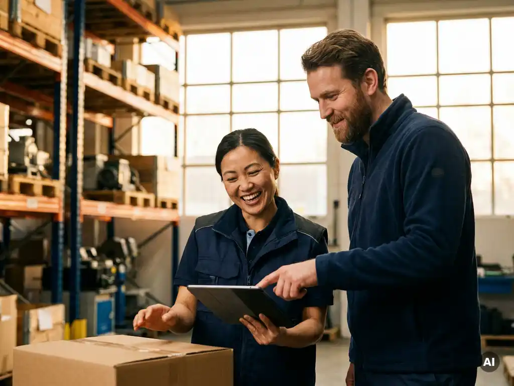 Internationale medewerker wordt verwelkomd door Nederlandse collega in een moderne logistieke werkomgeving.