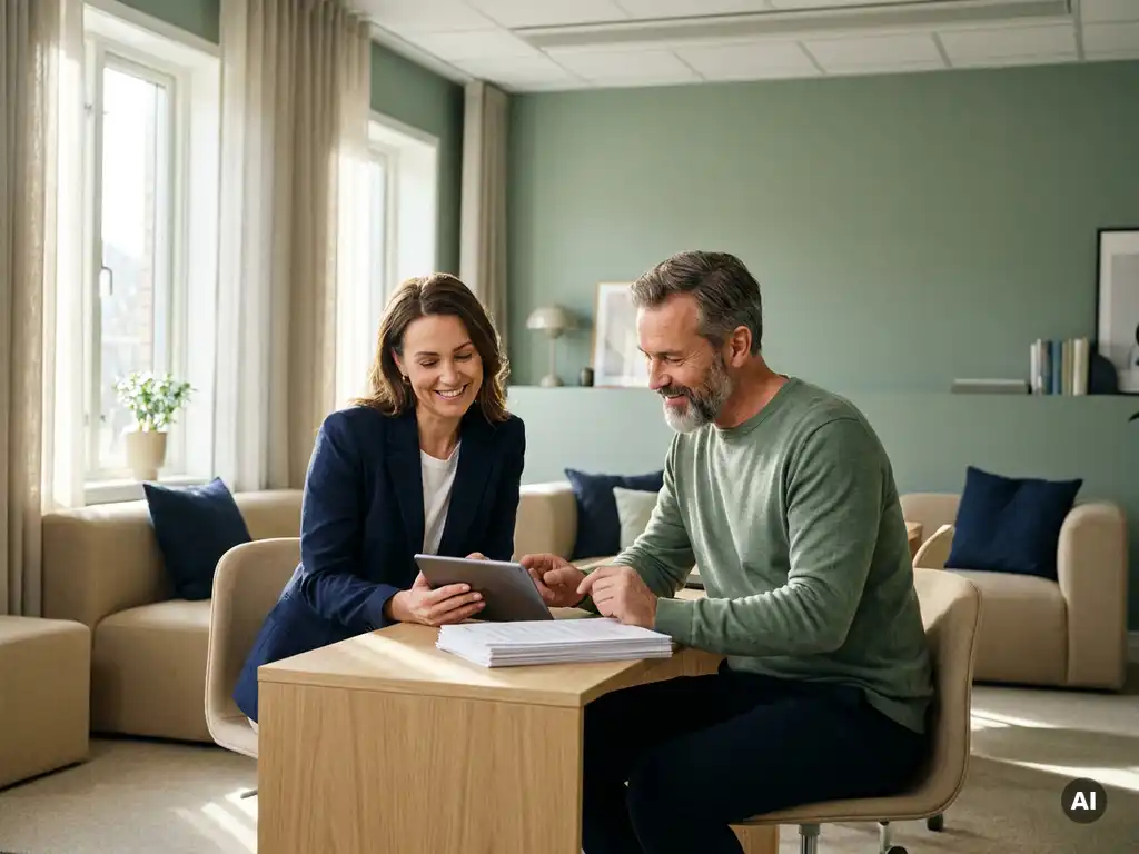 Internationale medewerker en Nederlandse manager bekijken samen onboardingdocumenten aan een modern bureau in een licht kantoor.