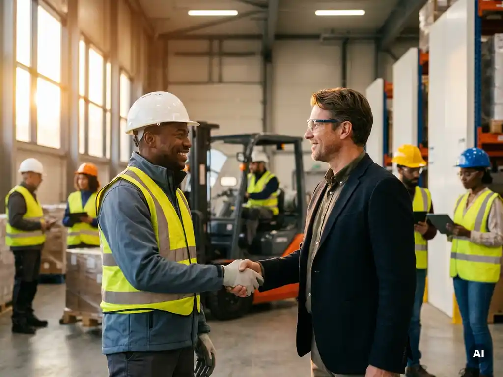 Internationale medewerker met helm geeft hand aan Nederlandse operations manager in moderne loods, collega's op de achtergrond.