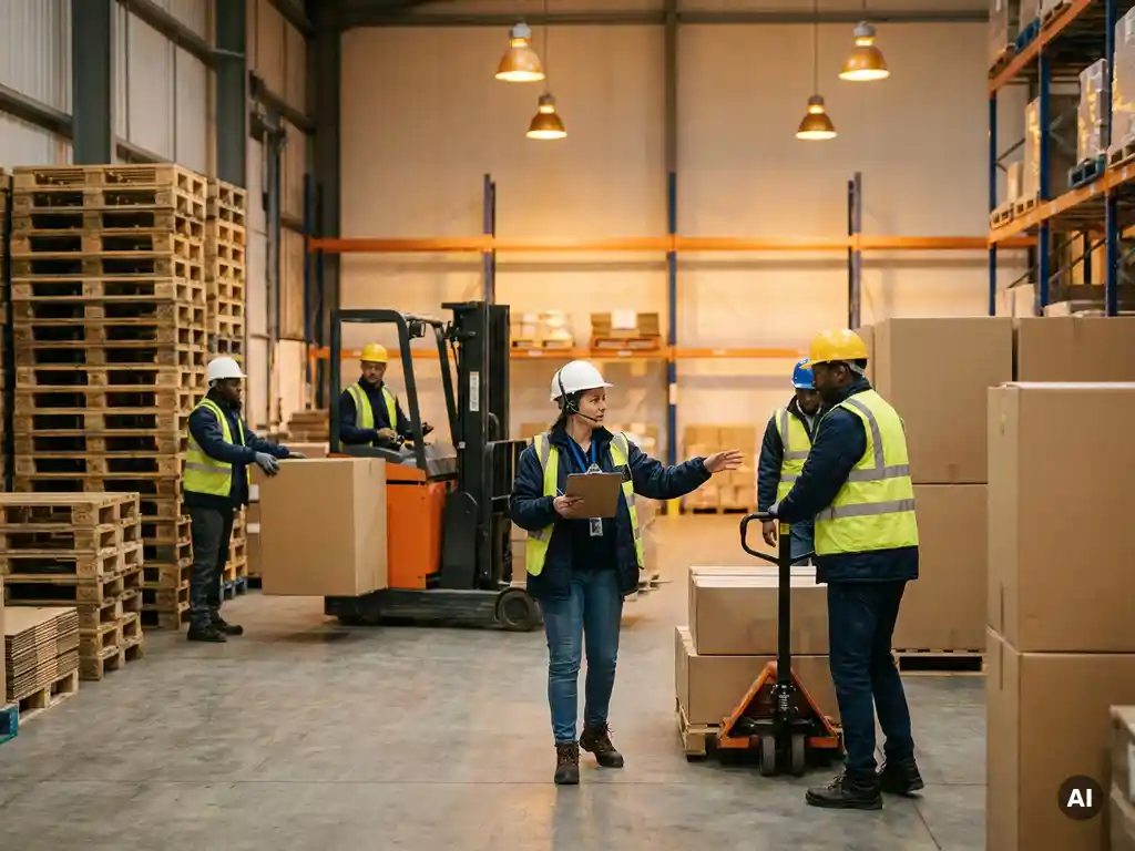 Diverse logistiek team werkt samen in druk magazijn tijdens piekshift, coördinator met klembord tussen gestapelde pallets.