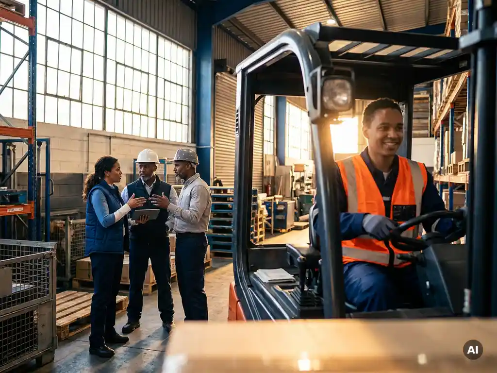 Magazijnmedewerker in veiligheidsvest bedient machine op moderne werkvloer, collega's op de achtergrond in warm gouden licht.
