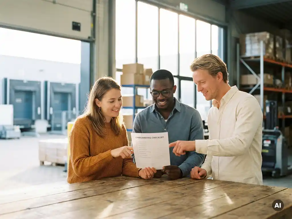 Drie collega's bespreken een onboardingdocument aan een werktafel in een modern magazijnkantoor met daglicht.