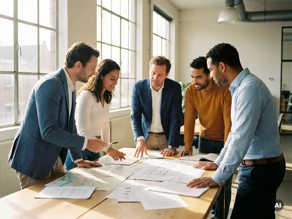 Diverse professionals overleggen samen aan een tafel in een licht Nederlands kantoor, met kaarten en projectdocumenten voor hen.