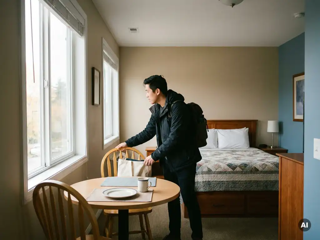 Internationale werknemer arriveert in gemeubileerd short-stay appartement met warm houten interieur en zacht middaglicht.