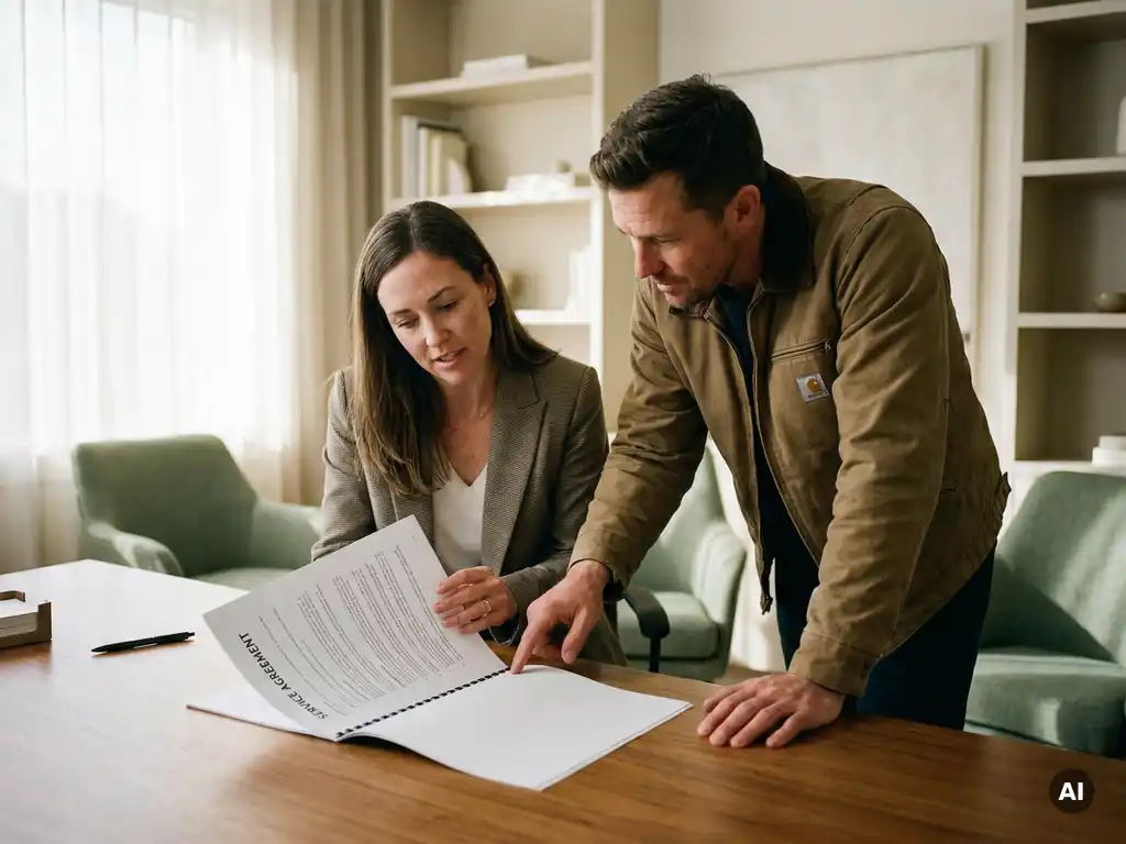 Consultant en medewerker bekijken samen een serviceovereenkomst aan een bureau in een modern uitzendbureau.