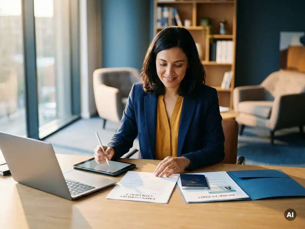 Professionele vrouw bekijkt werkvergunningsdocumenten en Europees paspoort aan modern bureau met laptop.
